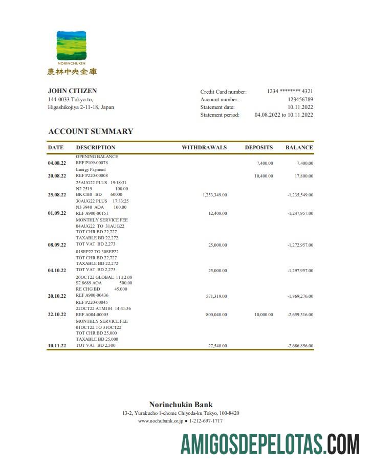 Extrato bancário Norinchukin do Japão modelo Xls